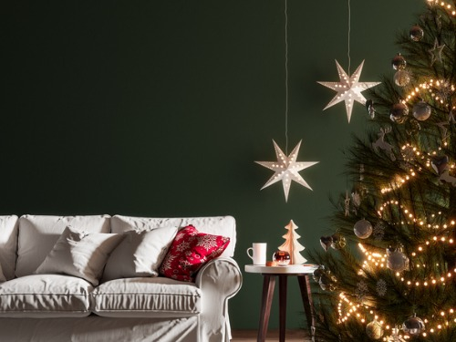 Während sich Dunkelheit und Stille über die winterliche Landschaft legen, spendet der liebevoll dekorierte Wohnraum behagliche Wärme.